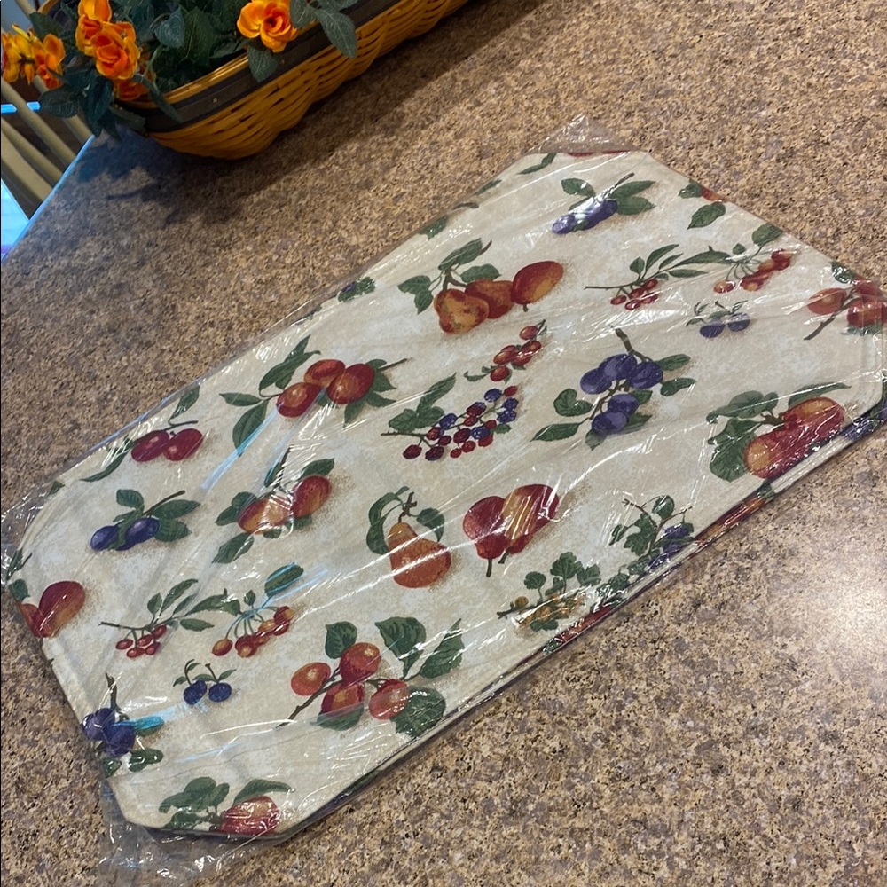 NIP Longaberger 2 Fabric Placemats Blueberry Plaid / Fruit Medley